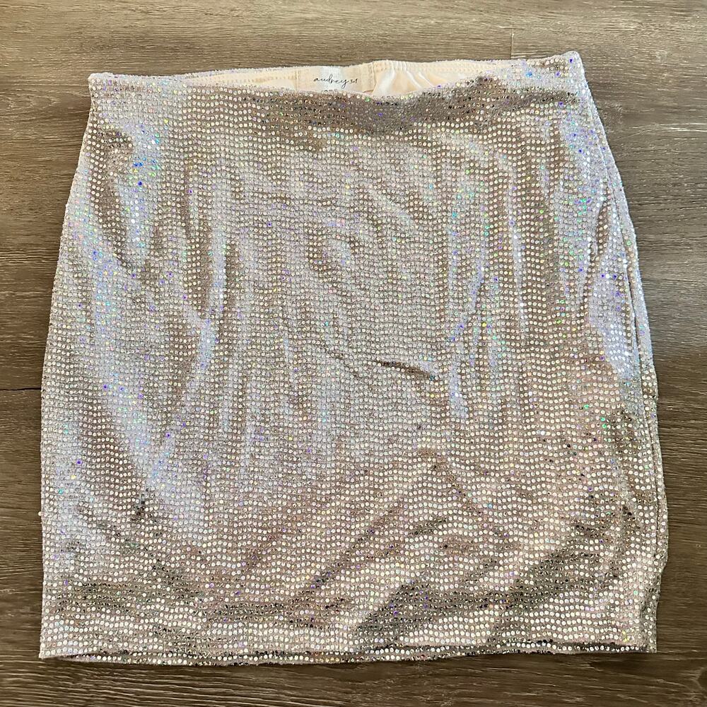 Audrey 3 +1 Mini Skirt Sparkle Beige Gold Silver Size Medium